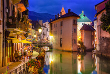 Old Town Of Annecy With River Thiou, Medieval Palace The Palais De L'Isle, Annecy, France 