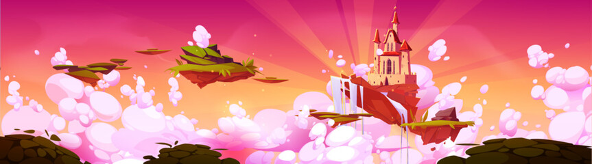Poster - game fantasy landscape with castle and waterfall on floating islands at sunset. ground pieces of sum
