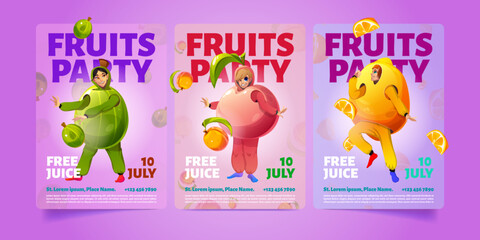 Set of cartoon fruits party poster templates. Vector illustration of colorful flyers with happy young people wearing funny gooseberry, peach, lemon costumes. Invitation for summer entertainment event