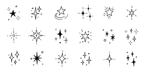 Aufkleber - Line star glitter shine of doodle set. Star shine glow, spark glitter, sparkle light vector illustration. Hand drawn sketch doodle style..
