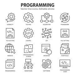 Aufkleber - Programming line icons. Set of software, code, web, develop and more. Editable stroke.