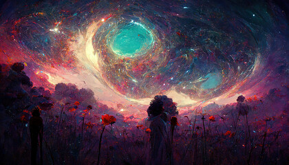Wall Mural - Fantasy fairy tail abstract wallpaper with galaxy space Universe illustration in background with stars, planets and colorful blue, pink, red, orange, teal, turquoise clouds and sky with milky way