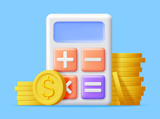 Poster - 3D Modern Calculator with Golden Coins Isolated. Mathematics Icon. Financial Math Device with Money. Counting Budget and Savings Concept. Cash and Taxes, Financial Management. Vector Illustration