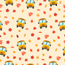 Autumn Seamless Pattern With School Bus And Leaves On Pink Background