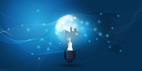 Poster - Cloud Computing, Electric and Global Network Connections Concept Design with City Skyline Inside a Glowing Light Bulb, Transparent Geometric Mesh and World Map - Illustration in Editable Vector Format