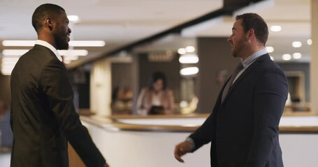 Poster - Handshake, teamwork or success manager in welcome, thank you or partnership with corporate business man. Meeting, motivation or global management leaders with vision after office tradeshow conference