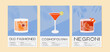 Old Fashioned, Negroni and Cosmopolitan Cocktail wall art posters. Alcoholic beverage garnish with orange, lime and cherry. Summer aperitif tropical vertical print. Minimalist vector illustration.
