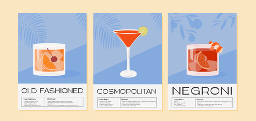 Wall Mural - Old Fashioned, Negroni and Cosmopolitan Cocktail wall art posters. Alcoholic beverage garnish with orange, lime and cherry. Summer aperitif tropical vertical print. Minimalist vector illustration.