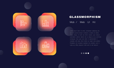 Poster - Bar charts set icon. Graph, visual aid, statistics, horizontal, vertical, arrow down, decline, growth, strategy, presentation. Business concept. Glassmorphism style. Vector line icon for Advertising