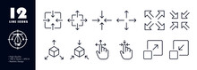 Zoom In And Out Arrows Set Icon. Maximize, Minimize, Scale, Increase, Decrease, Three Dimensional Cube, View, Hand, Move, Control, Gesture, Expand. Technology Concept. Vector Line Icon For Business