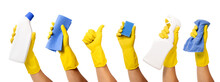 Hand With Yellow Rubber Glove Holding Cleaning Supplies On Transparent Background