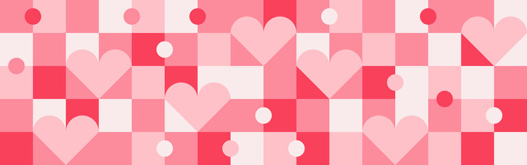Seamless pink background for Mother's Day card template. Trendy geometric shapes with circles, squares and hearts in retro style for a Valentine's Day or wedding day cover.