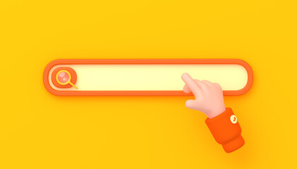 Poster - 3d render search bar with pointing hand and magnifying glass icon. Concept of web browsing, online research information in internet seo, design element for site, Illustration in cartoon plastic style