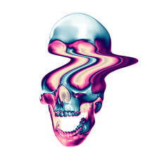 Digital Illustration From 3d Rendering Of Pixel Stretched Glitch Deformed Screaming Skull In Synthwave Psychedelic Vibrant Colors Style.