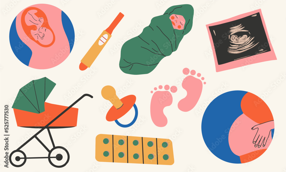 A set of stickers on the theme of motherhood. Pregnant woman, fetus ...