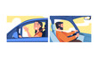 Cheerful man and woman driving car. Auto drivers sitting inside car enjoying ride cartoon vector illustration