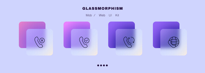 Poster - Business contacts set icon. Landline phone, cross, checkmark, circular arrow, planet, worldwide, decline, reject, we will call you back. Means of communication concept. Glassmorphism. Vector line icon