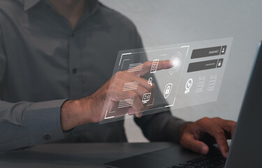 Poster - User finger scanning allows access input, security on the Internet innovation technology against digital cyber crime, username and password for or technology security system and prevent hacker concept