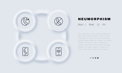 Poster - Business contacts set icon. Hotline, telephone line, 24, around the clock, decline the call, crossed out, smartphone with wifi sign, wireless. Communication concept. Neomorphism. Vector line icon
