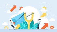 Email Marketing Concept. Businessman Sending Email. Sending The Envelope. Fast Delivery. A Man In A Business Suit Sends A Letter Using A Slingshot. Cartoon Flat Style. Business Illustration