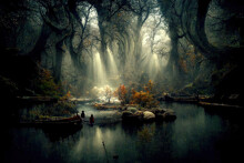 Mystery Deep Forest With River And Fog. Fantasy Backdrop. Concept Art. Realistic Illustration. Video Game Background. Digital Painting. CG Artwork. Scenery Artwork. Serious Painting. Book Illustration