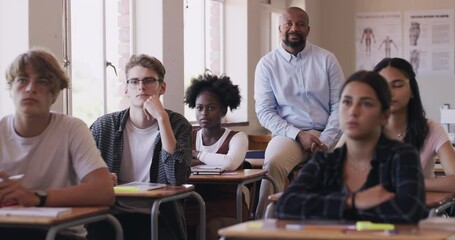 Poster - Learning, study and education with a teacher leading a presentation, teaching a class of young students. Happy, diverse learners, watching an educational programme with teacher, exam prepare