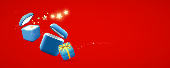 Wall Mural - 3D opened gift boxes with shining stars. Bonus, win and gift concept. Christmas gifts.