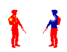 PRC China Flag Soldier Against  Taiwan Flag Soldier Vector Silhouette Illustration Isolated On White Background. National Symbol, Conflict Situation On East. Soldier With Rifle Against Enemy On Border