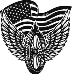 Sticker - Illustration of winged wheel on american flag background. Design element for poster, card, banner, sign, emblem. Vector illustration