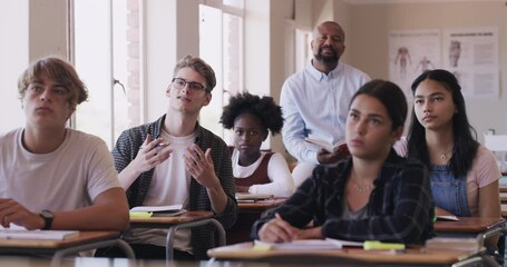 Poster - Learning, education and teacher in classroom of students listening to presentation in class. A professor teaching young people at school, college or university answering questions.