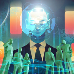 Aufkleber - Metaverse. Business success with coordination with online marketing groups. Artificial Intelligence Development Concepts and Technological Innovations of the Future. connection, Science -3d Rendering