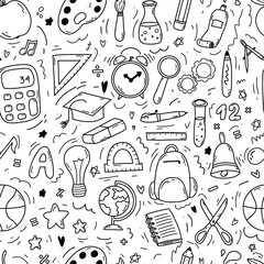 Hand drawn doodle seamless pattern with school icons on white background. Vector illustration of supplies, back to school concept for print, web and textile design, stationery