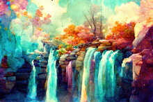 Colorful Waterfall In Magic Forest. Fantasy Backdrop. Concept Art. Realistic Illustration. Video Game Background. Digital Painting. CG Artwork. Scenery Artwork. Serious Painting. Book Illustration