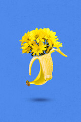 Sticker - Vertical poster collage of banana with flowers isolated on drawing blue color background