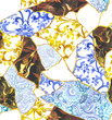 Kintsugi background. Ornamental seamless pattern. Beautiful abstract mosaic decor - asian mix designs, gold lines, asymmetric japanese patchwork. Kintsukuroi art, random golden crackle. Watercolor