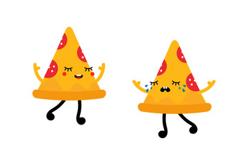 Wall Mural - Happy smiling and sad crying cartoon style pizza slice characters for fast food design.