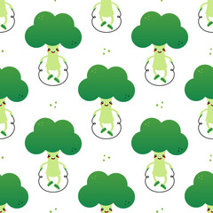 Wall Mural - Cute broccoli character doing jumping rope workout, exercises vector seamless pattern background.