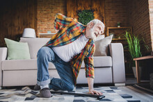 Photo Of Upset Depressed Man Pensioner Wear Checkered Shirt Falling Floor Sofa Osteoporosis Indoors House Room