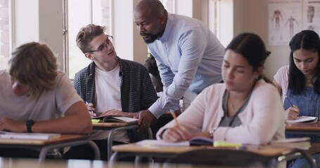 Poster - School student asking teacher question, help and learning assistance during exam, test and assignment in classroom. Man helping teen and teaching kids for study, education and high school development