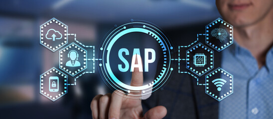 Internet, business, Technology and network concept. SAP System Software Automation concept on virtual screen data center. Virtual button.