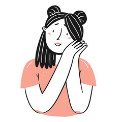 Portrait of a young touching girl in a simple line doodle style. Isolated illustration.