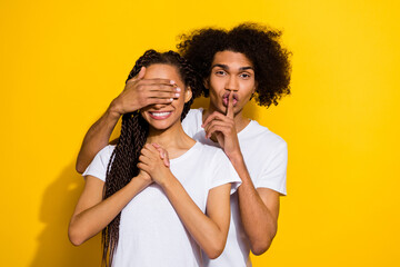 Photo of two cheerful funny people guy show shh symbol cover lady eyes isolated on yellow color background