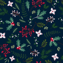 Christmas Tree Branches And Berries Seamless Pattern. Winter Holidays Blue Wrap Paper Design