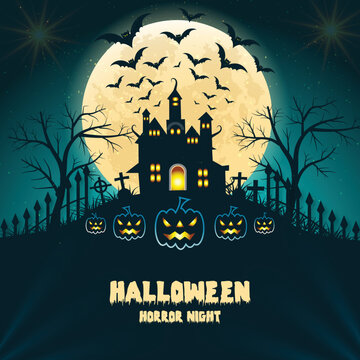 Full moon in the sky banner background with stars, bats, moon, ghost design template 03