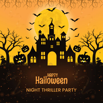 pumpkins haunted house at moon night background 07