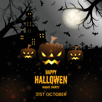 Vintage Happy Halloween banner typographical background with pumpkins design template 09