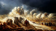 Illustration of the Exodus of the bible, Moses crossing the Red Sea with the Israelites, escape from the Egyptians, generative AI