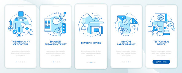 Mobile first design process blue onboarding mobile app screen. Walkthrough 5 steps editable graphic instructions with linear concepts. UI, UX, GUI template. Myriad Pro-Bold, Regular fonts used