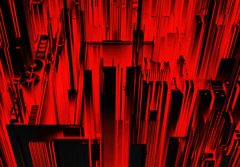 Poster - Abstract geometric background without focus. Red and black pattern of stripes. Three-dimensional geometric shapes. Technology, futuristic design, the development of science and technology. 3d image