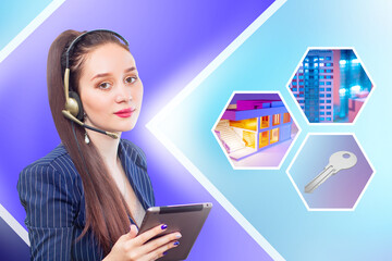 Poster - Real estate collage. Buy house. Realtor woman and pictures about new house. Buying real estate online. Agent consults clients. Remote sale of houses. Rent of houses and apartments. App for real estate